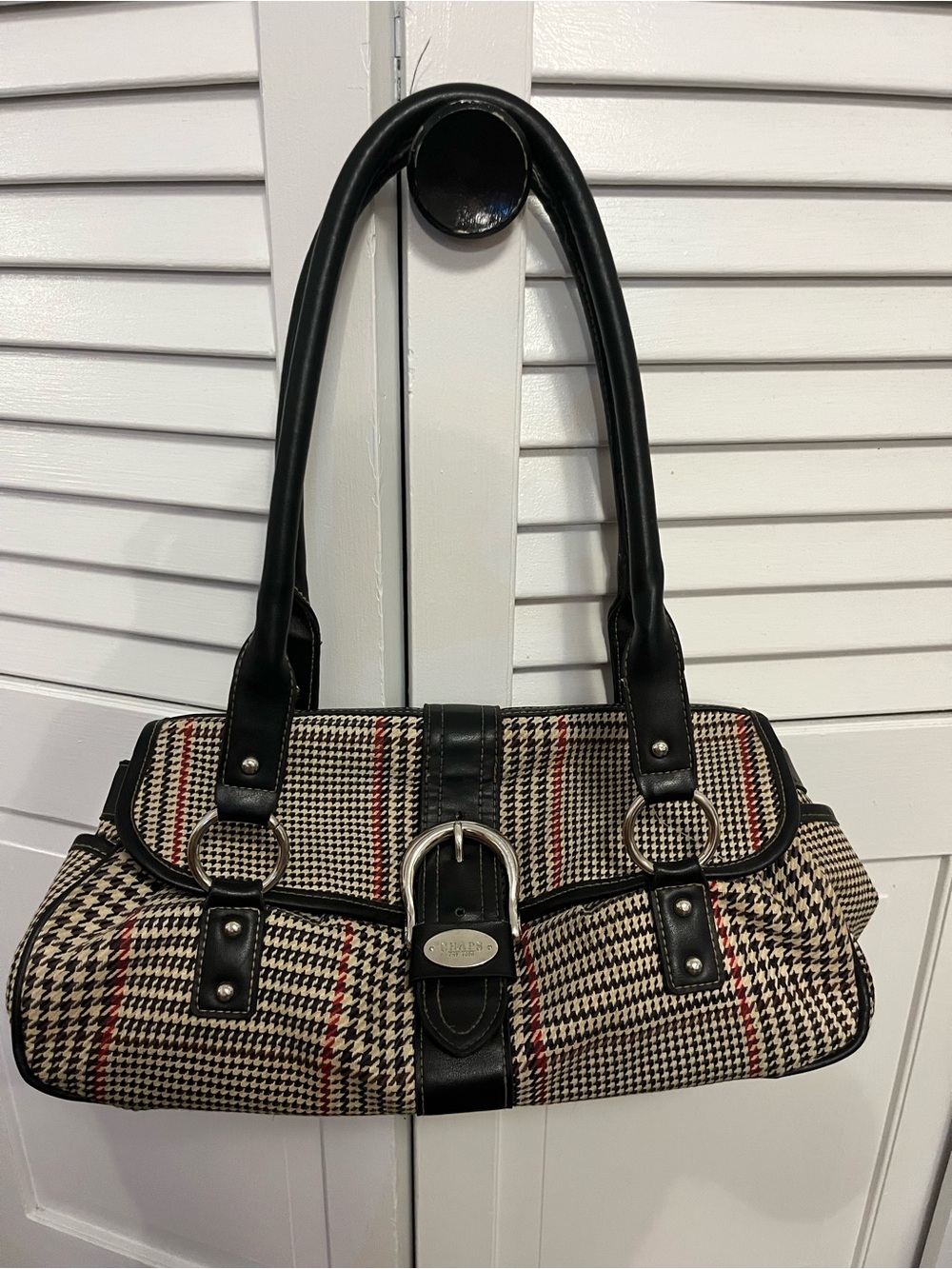 Chaps Black and Beige Houndstooth Shoulder Bag with Red Accents